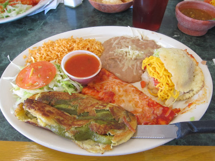 Fiesta plate with gordita, enchilada, and chile relleno