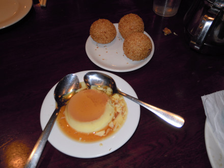 Flan and sesame balls for dessert