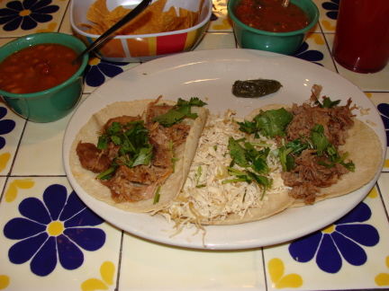 A selection of tacos from a Taco Tuesday special, including carnitas (which is a specialty of the restaurant)