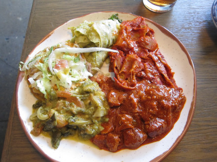 "Green side" from the top: green chilaquiles, sope de pollito, rajas de queso; "Red Side" from the bottom: asado de puerco, chilaquiles rojos
