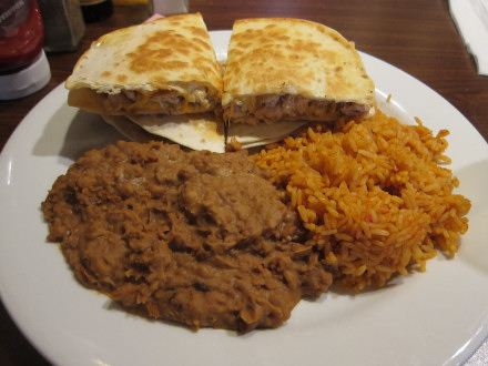 Chicken quesadilla with rice and beans
