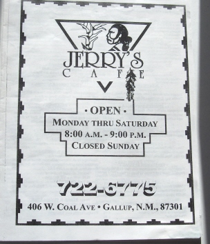 The menu from Jerry's Cafe, just off Old U.S. 66 