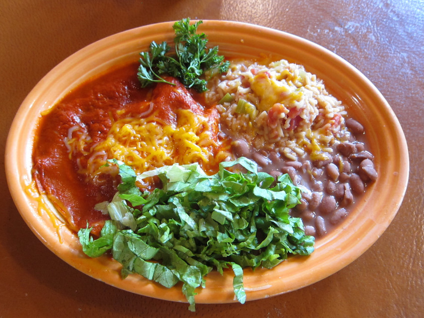 Red enchiladas with regular corn tortillas